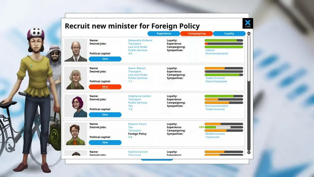 Screenshot of Democracy 4's minister selection page