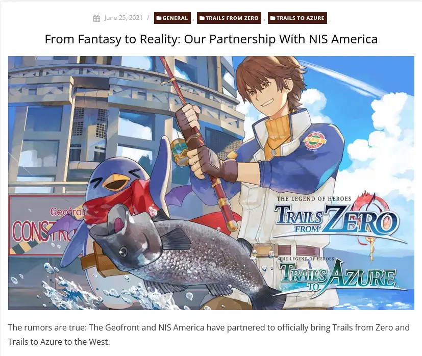 Geofront article announcing partnership with NIS America