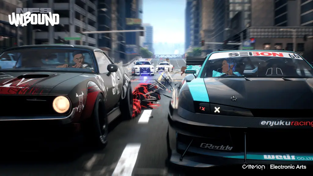 Need for Speed Unbound Screenshot03 Rivalry Cops DrivingEffects 3840x2160 logo