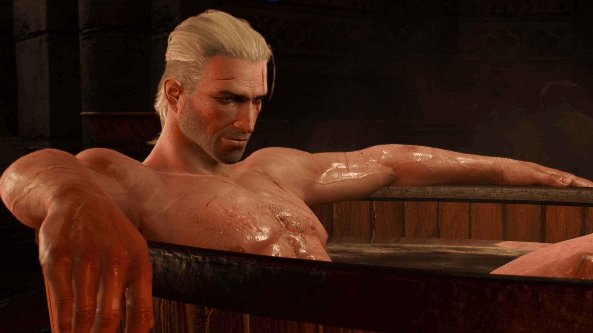 The Witcher 3's protagonist Geralt, bathing in the game's opening scene.