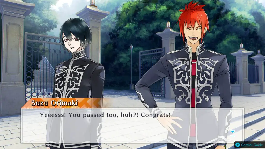Jack Jeanne screenshot. Suzu Orimaki, with his mouth wide, says "Yessss! You passed too, huh?! Congrats!"